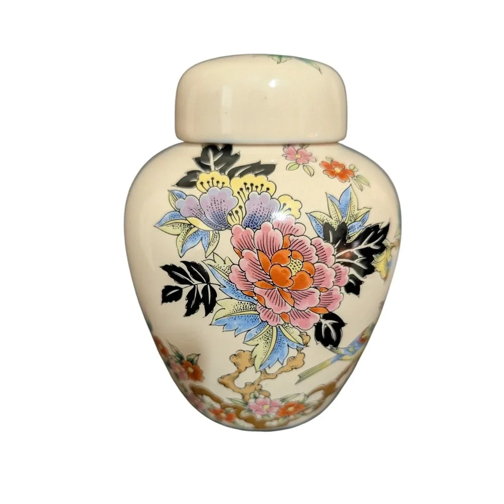 Shibata Japan Porcelain Ginger Jar Lidded Urn Floral Bird Cream Vintage 6 Inch